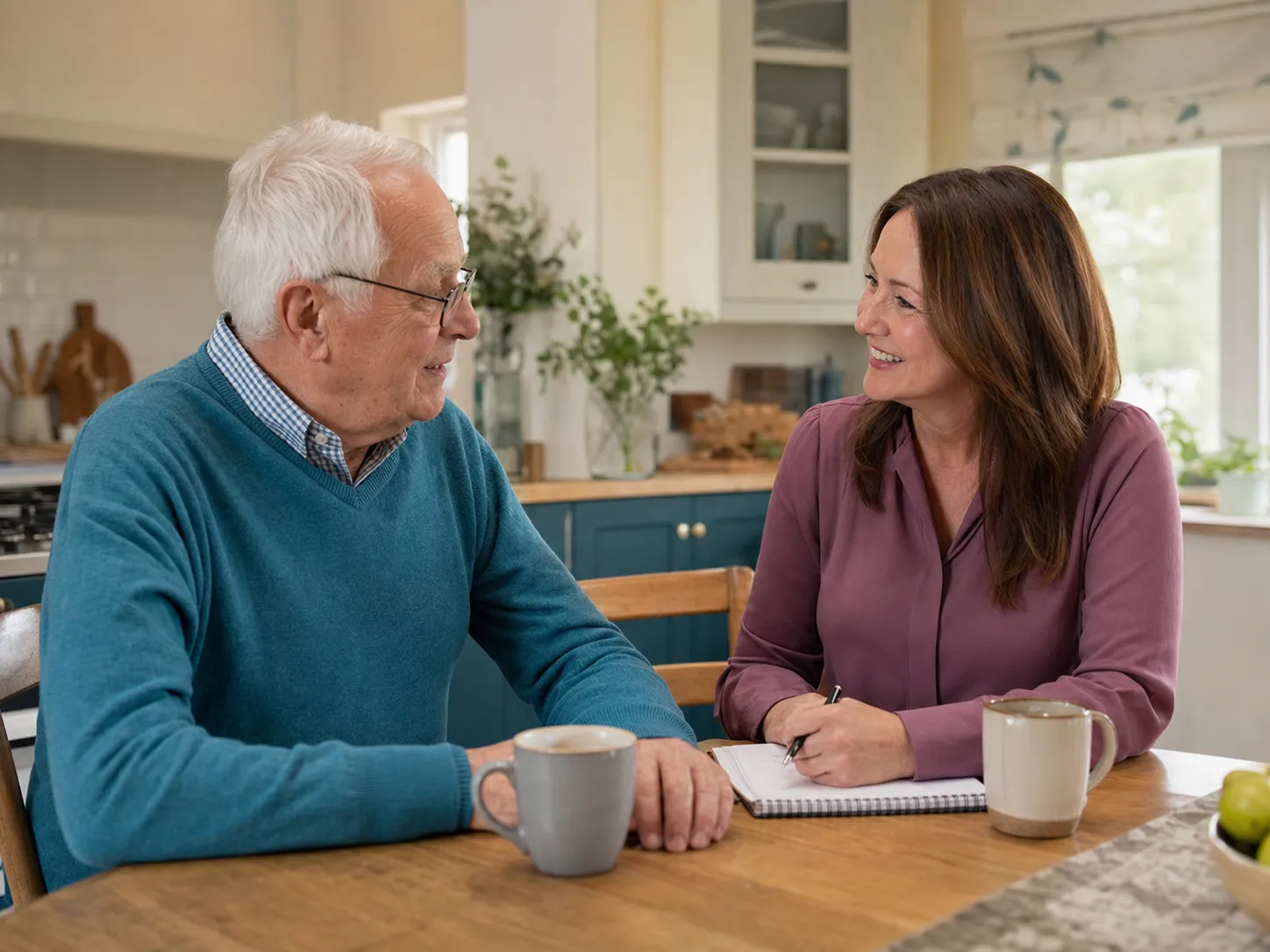 Older man discussing his support needs with a care coordinator at home