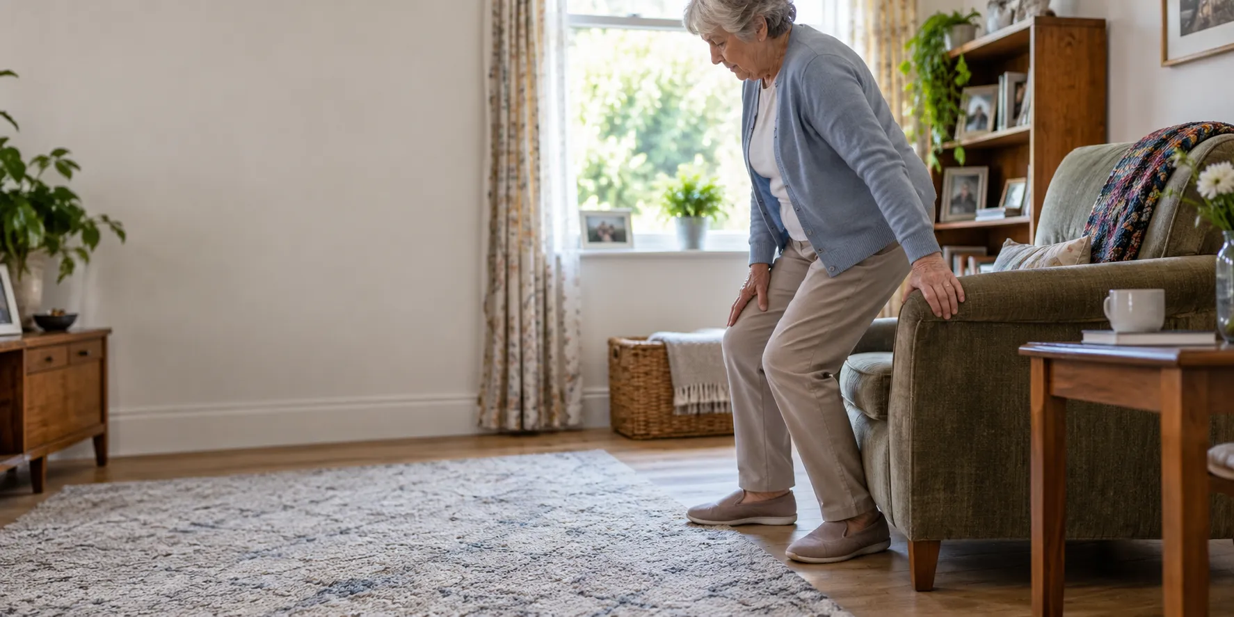 Older woman safely steadying herself while rising from a chair at home