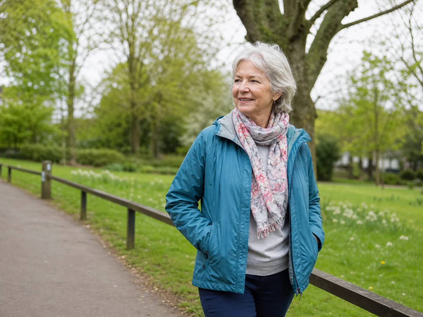 Older woman enjoying an independent walk in a local park
